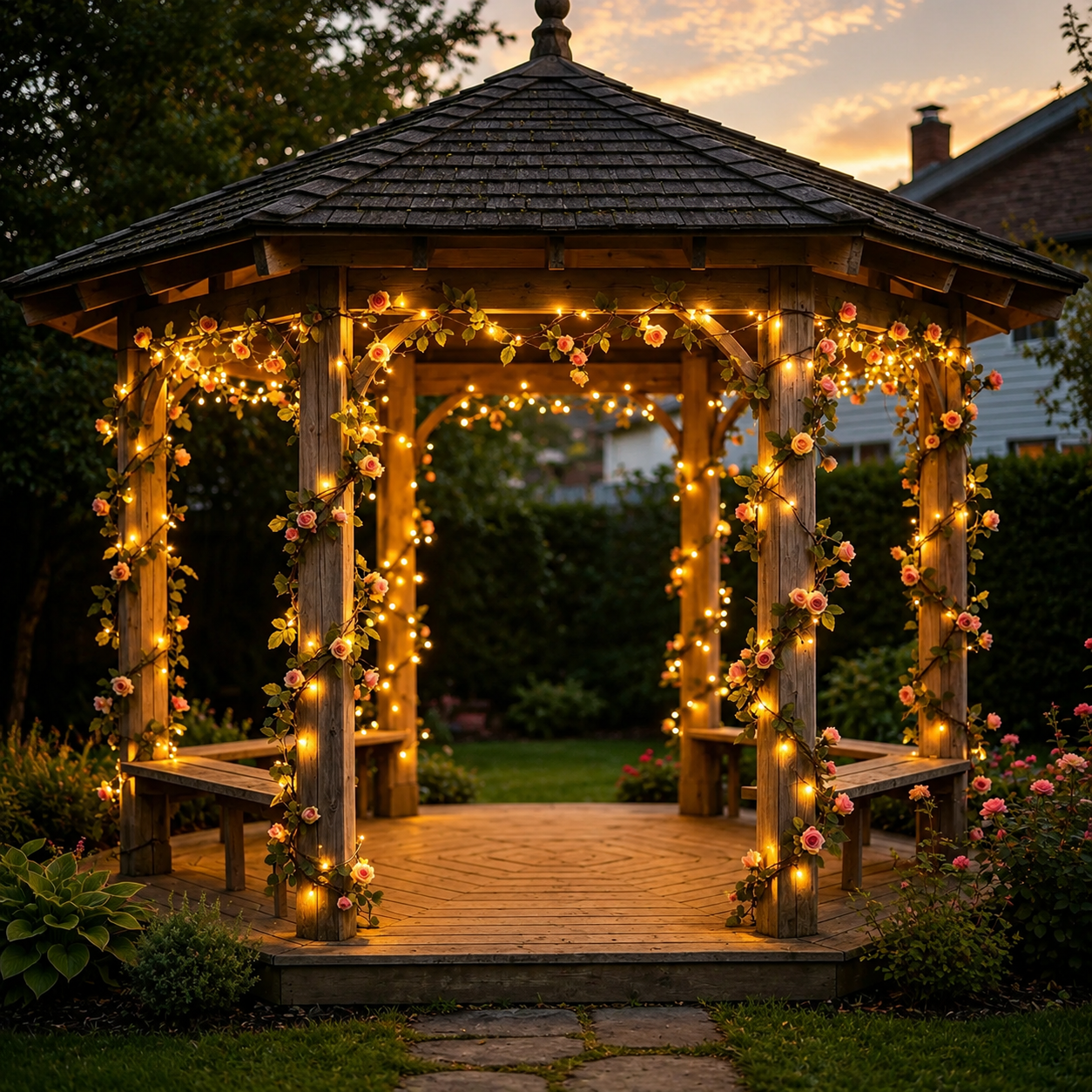 Solar-Rosenlichterkette am Pavillon
