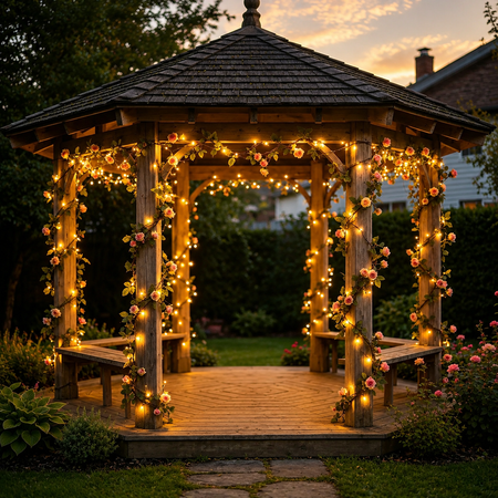 Solar-Rosenlichterkette am Pavillon
