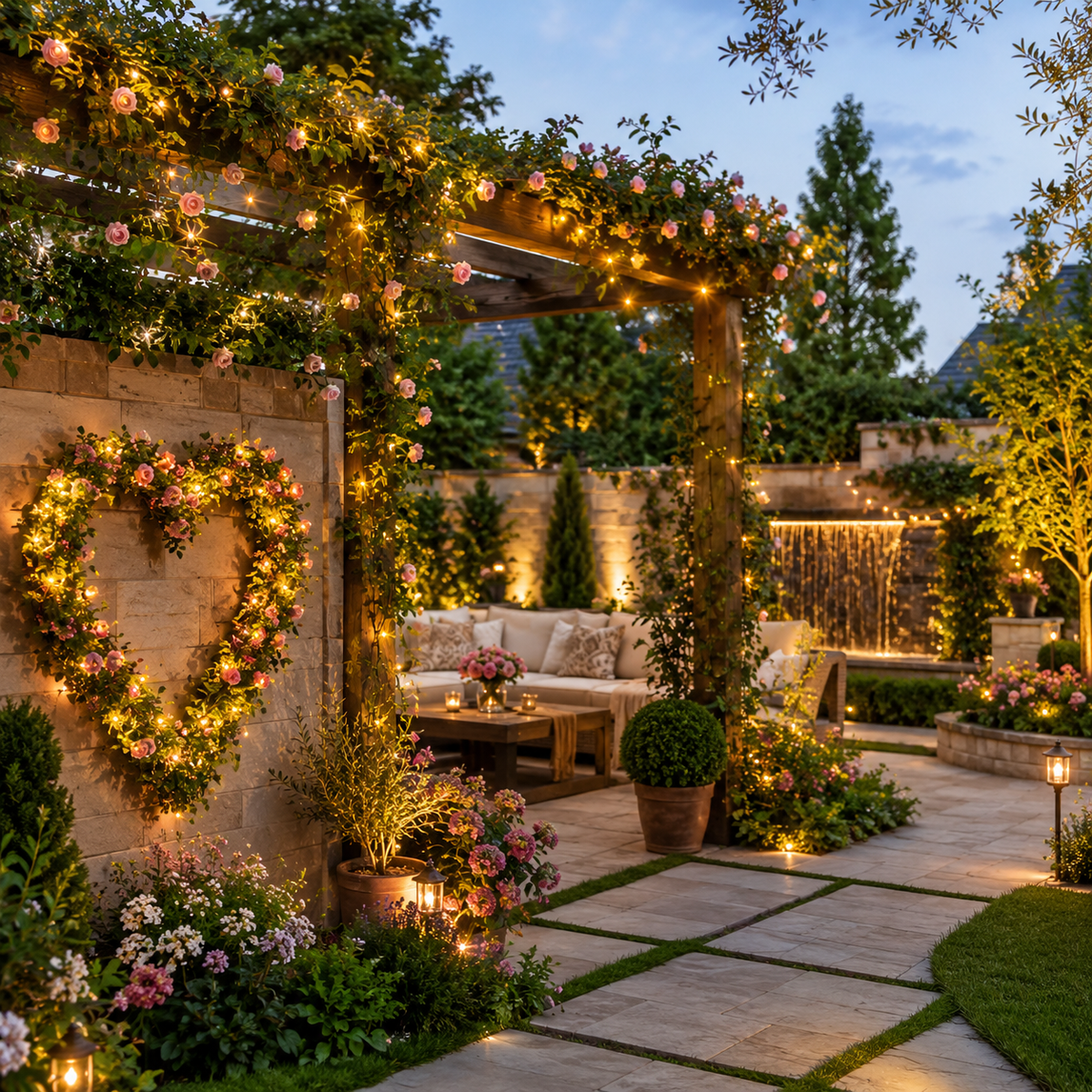 Solar-Rosenlichterkette an einer Pergola
