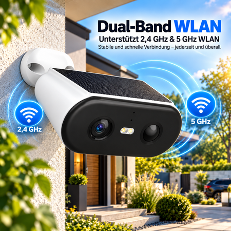 Solar Überwachungskamera mit integriertem Solarpanel und Dual-Band WLAN 2,4 GHz und 5 GHz am Haus