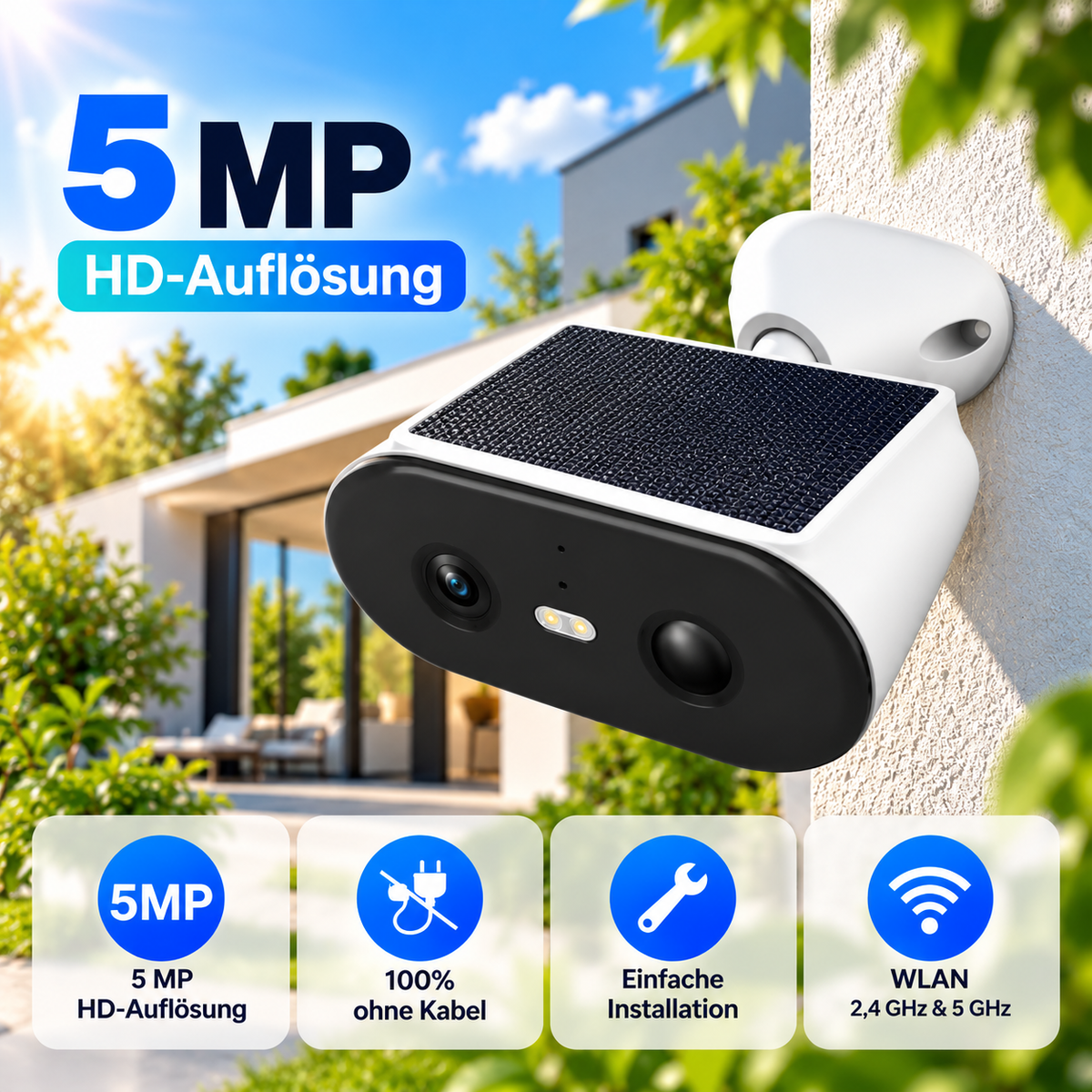 Solar Überwachungskamera 5 MP mit integriertem Solarpanel, kabellos und Dual-Band WLAN