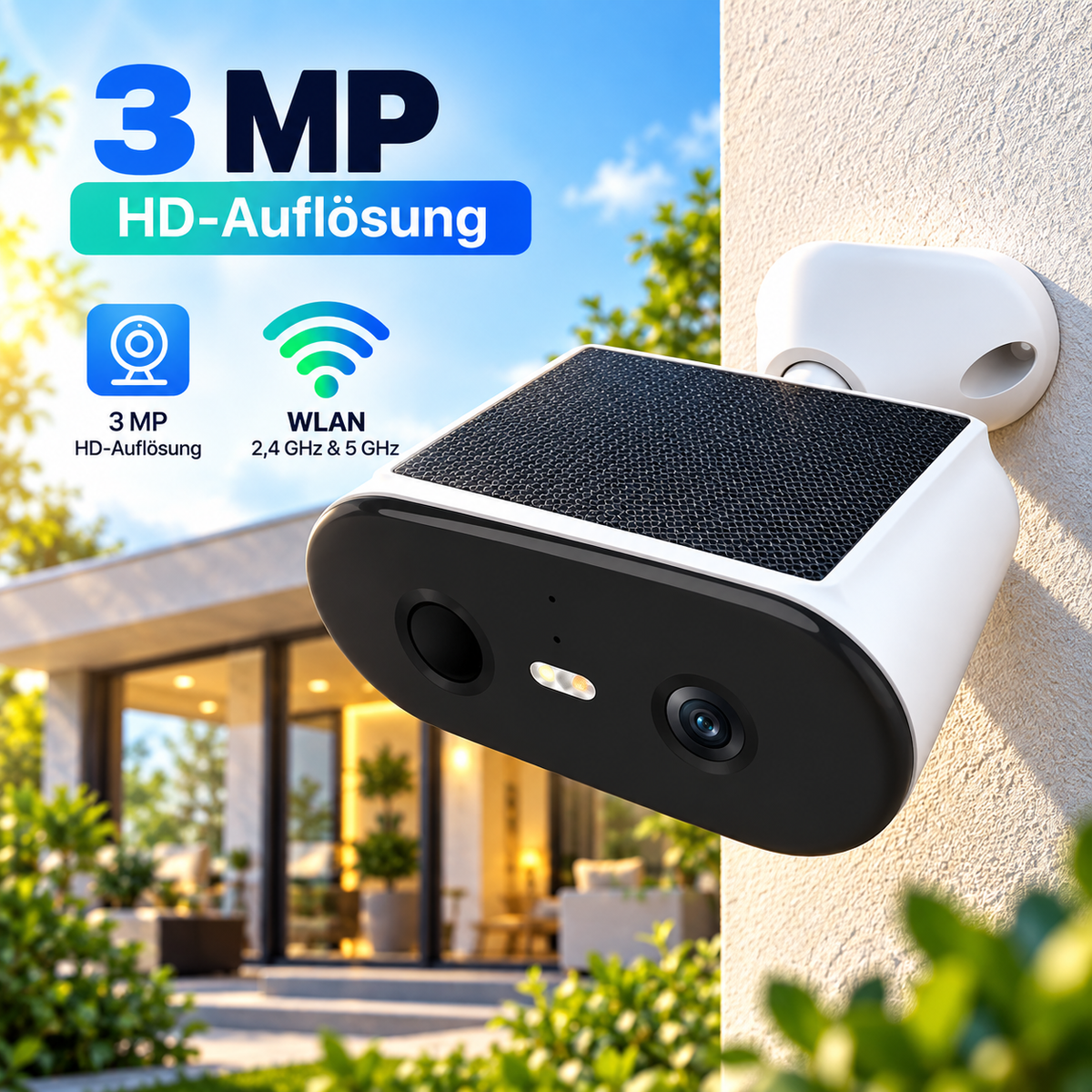 Solar Überwachungskamera 3 MP (2K) mit integriertem Solarpanel und Dual-Band WLAN