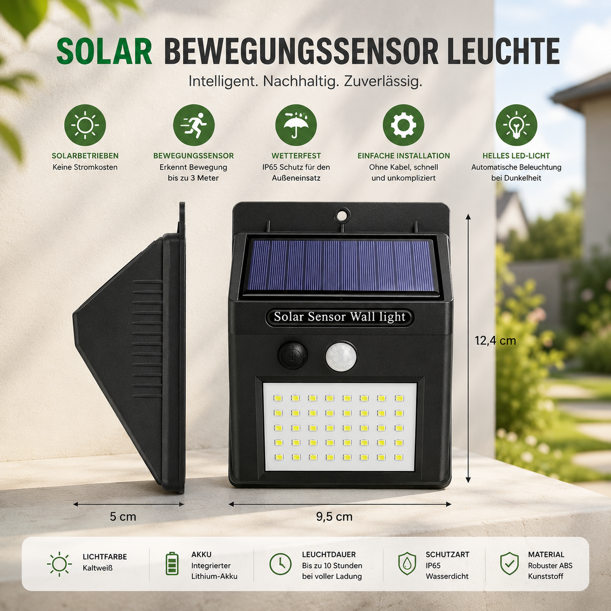 Solar Bewegungsmelder Wandleuchte mit Produktmaßen
