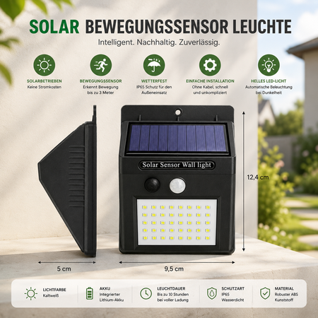 Solar Bewegungsmelder Wandleuchte mit Produktmaßen
