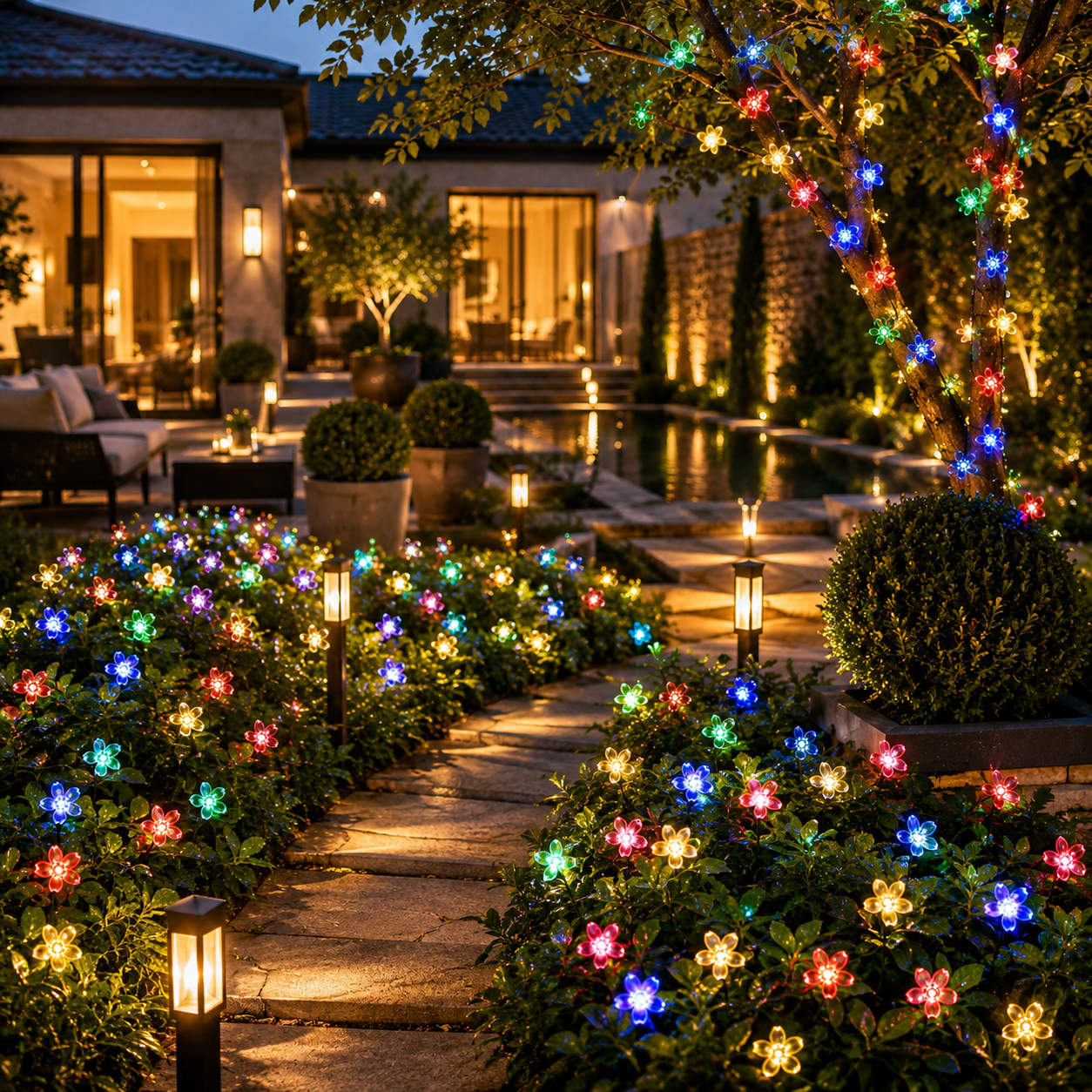 Solar Blumenlichterkette im luxuriösen Garten mit bunten LED-Blumen, Solarbeleuchtung für Garten, Terrasse, Villa und Außenbereich.
