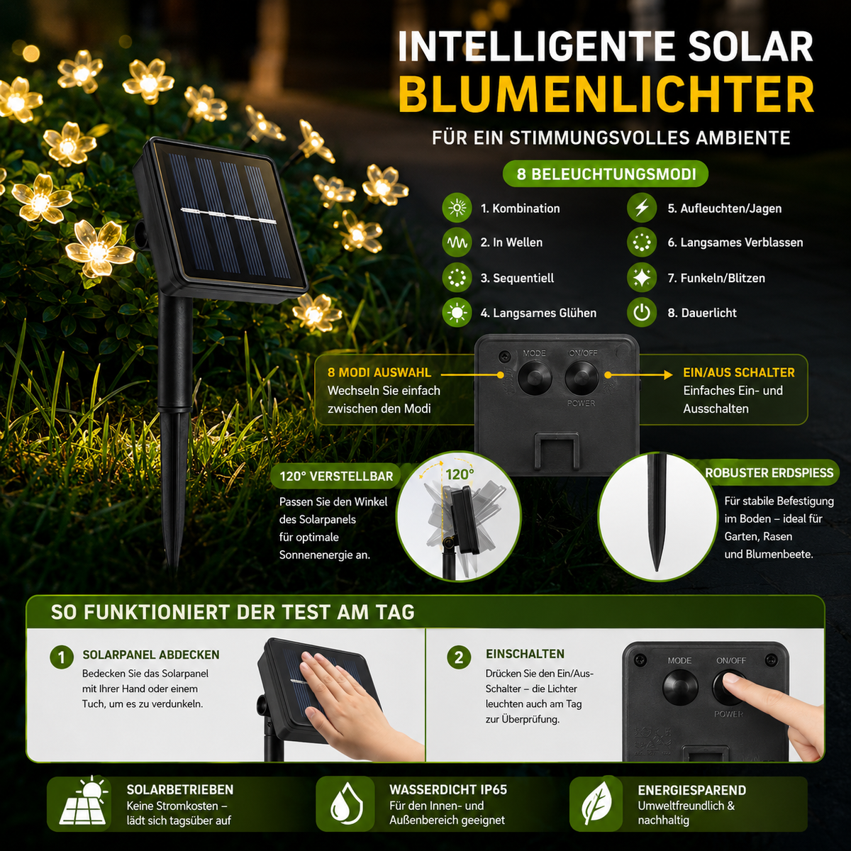 Solar Blumenlichterkette mit 120° verstellbarem Solarpanel, 8 Lichtmodi und einfacher Bedienung für den Außenbereich.
