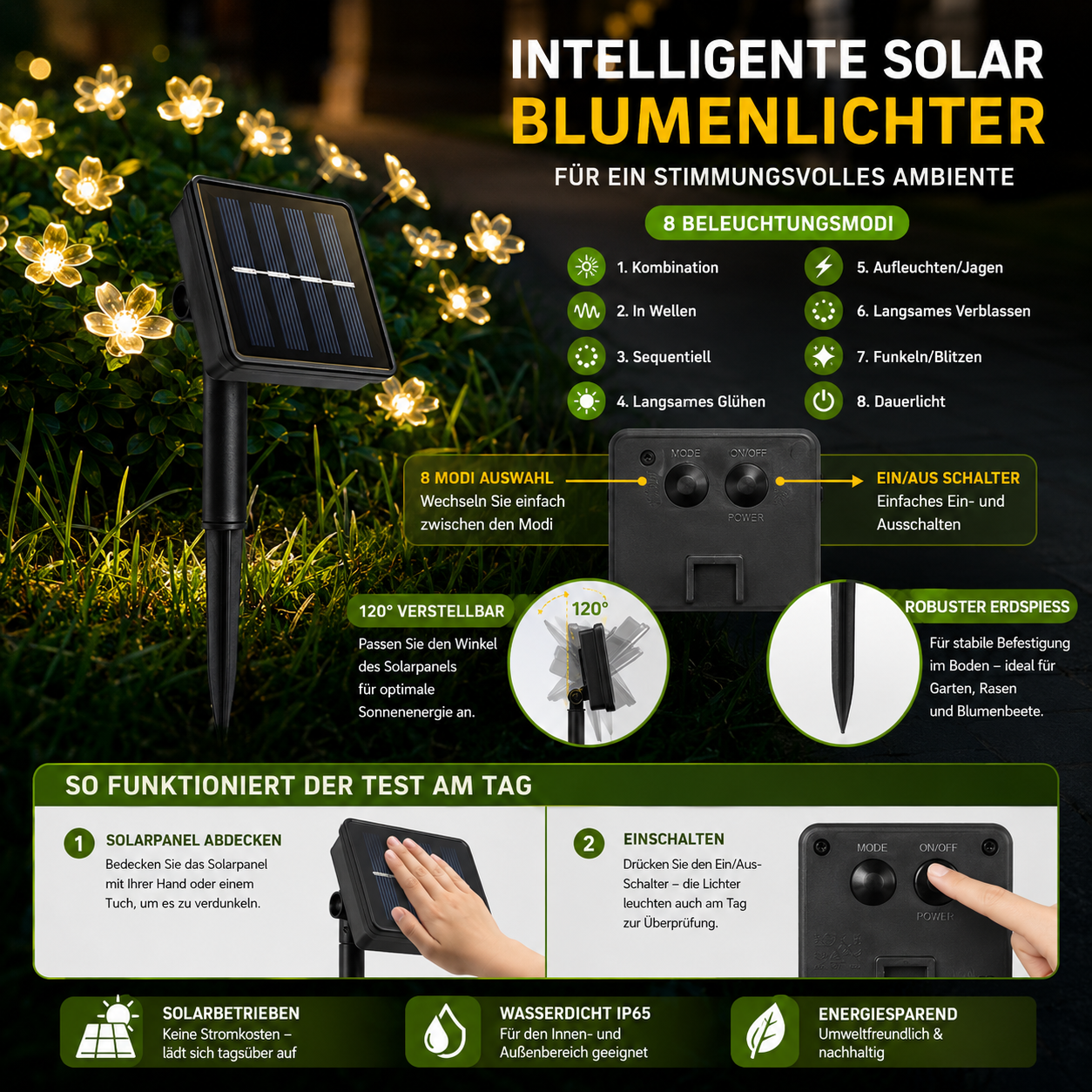 Solar Blumenlichterkette mit 120° verstellbarem Solarpanel, 8 Lichtmodi und einfacher Bedienung für den Außenbereich.

