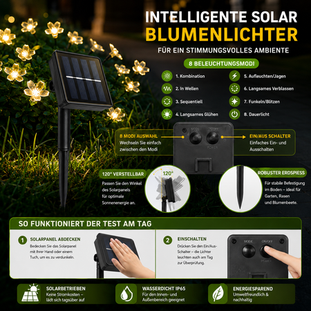 Solar Blumenlichterkette mit 120° verstellbarem Solarpanel, 8 Lichtmodi und einfacher Bedienung für den Außenbereich.
