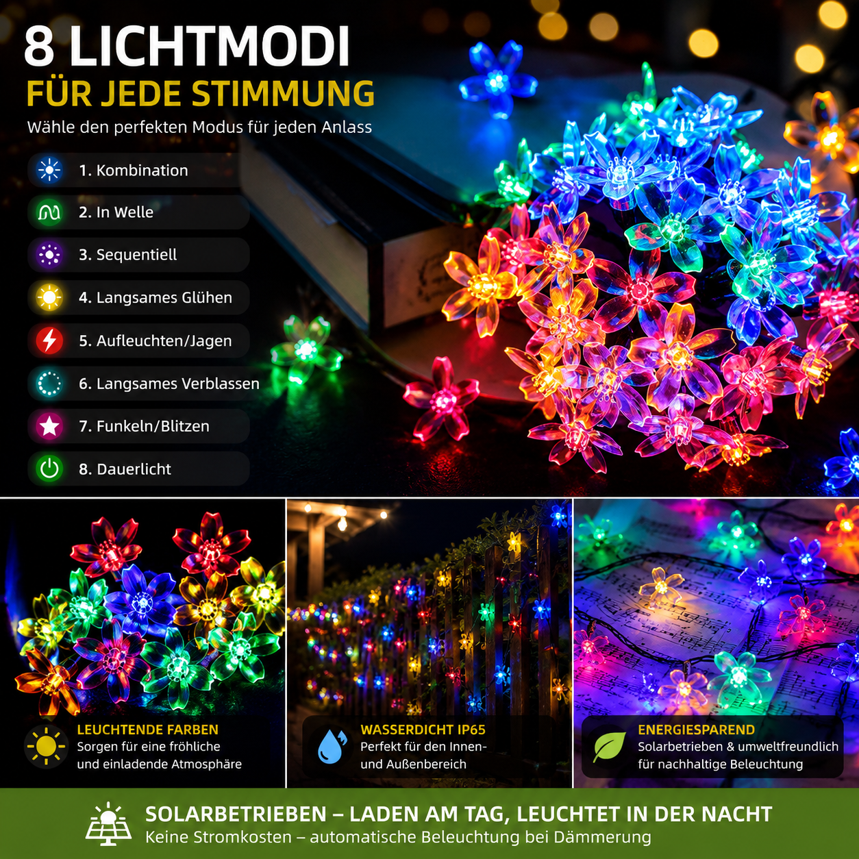 Solar Blumenlichterkette mit 8 verschiedenen Lichtmodi für stimmungsvolle Gartenbeleuchtung und Dekoration.
