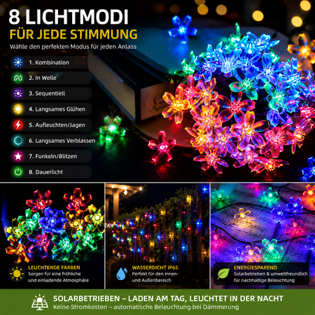 Solar Blumenlichterkette mit 8 verschiedenen Lichtmodi für stimmungsvolle Gartenbeleuchtung und Dekoration.
