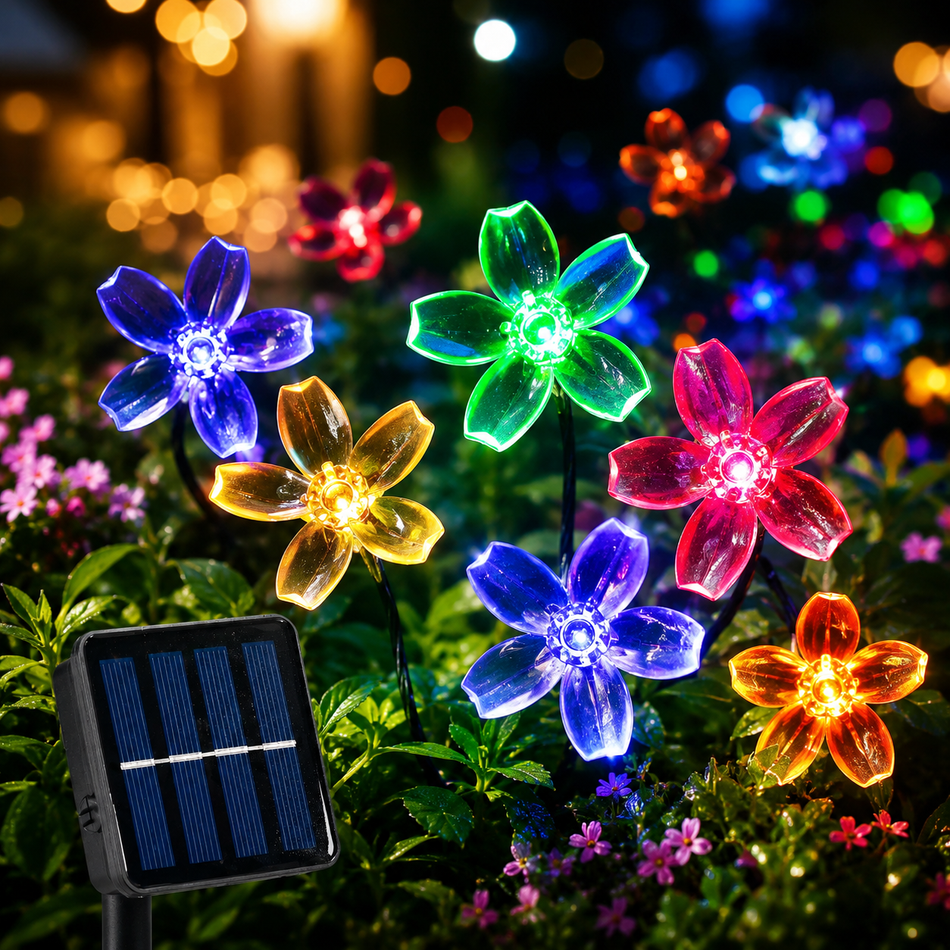 Solar Blumenlichterkette mit bunten LED-Blumen und Solarpanel für Garten, Terrasse, Balkon und Außenbereich.
