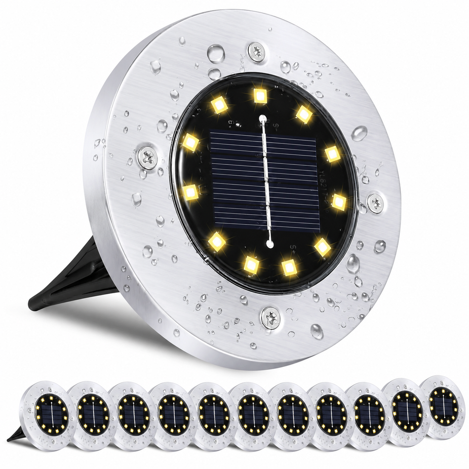 Solar Bodenleuchte mit 12 LEDs aus Edelstahl, wasserdicht für Garten, Einfahrt und Gehwege
