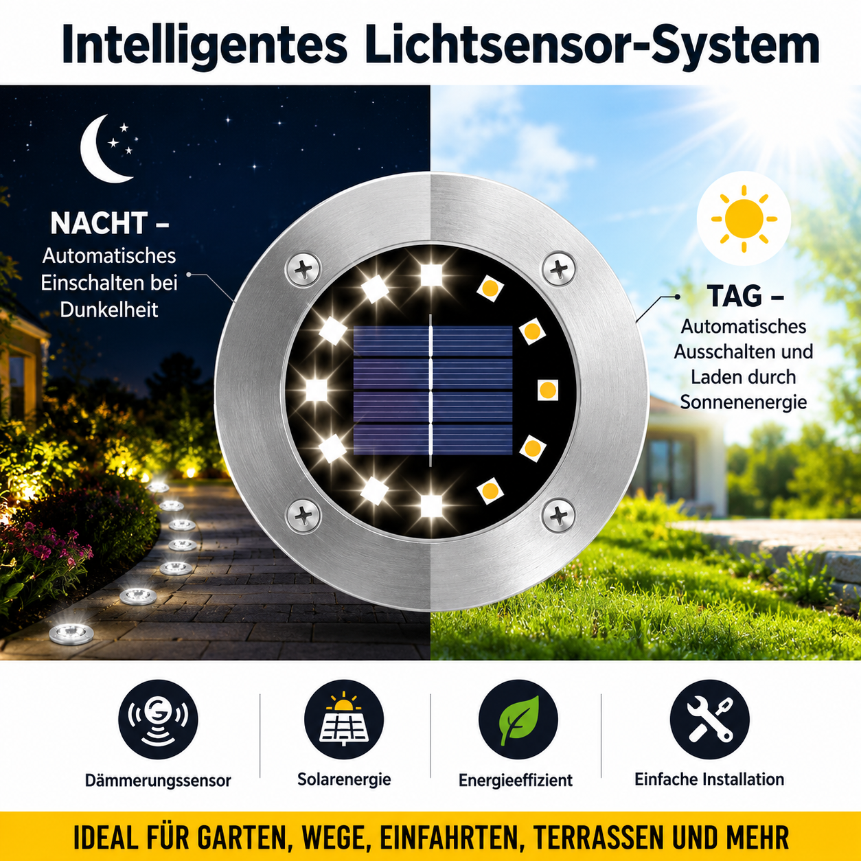 Solar Bodenleuchte mit Dämmerungssensor und automatischem Ein- und Ausschalten für Garten und Terrasse
