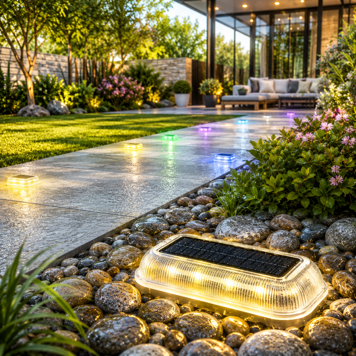 Solar Bodenleuchten für Gartenwege mit warmweißem und RGB-Licht, wasserdichte LED-Wegeleuchten für Terrasse und Außenbereich.
