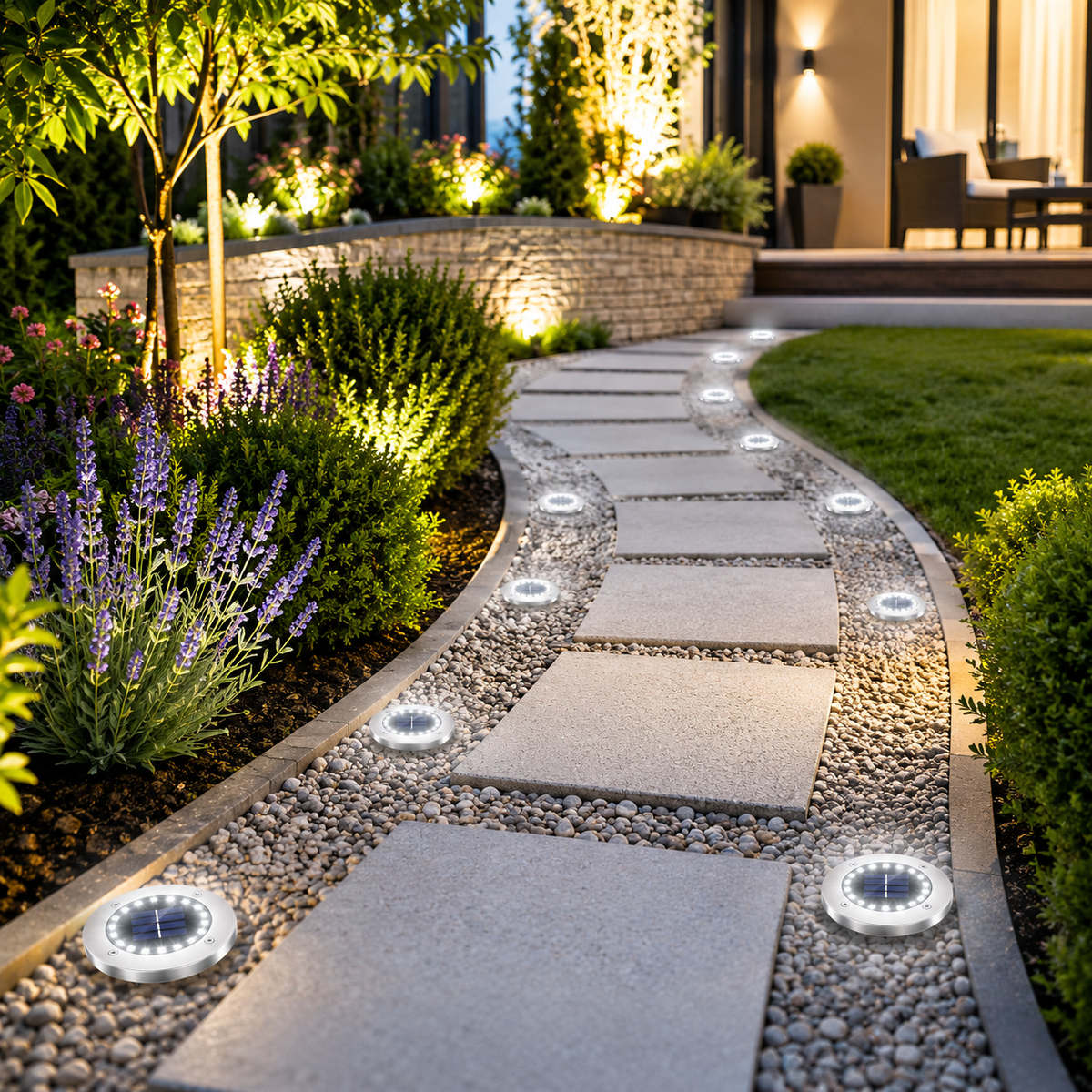 Solar Bodenleuchten mit 12 LEDs beleuchten einen modernen Gartenweg vor einer Terrasse – wasserdichte LED Gartenleuchten aus Edelstahl mit kaltweißem Licht.