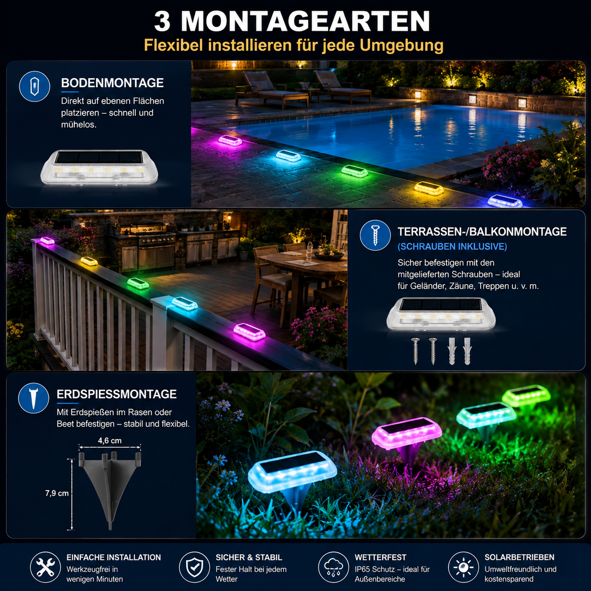 Solar Bodenleuchten mit drei Montagearten – Boden-, Terrassen- und Erdspießmontage für Garten, Balkon und Wege.
