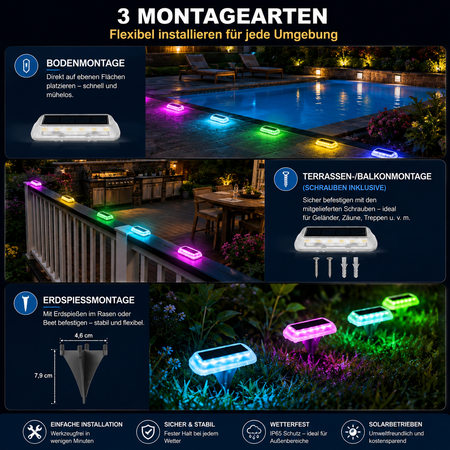 Solar Bodenleuchten mit drei Montagearten – Boden-, Terrassen- und Erdspießmontage für Garten, Balkon und Wege.
