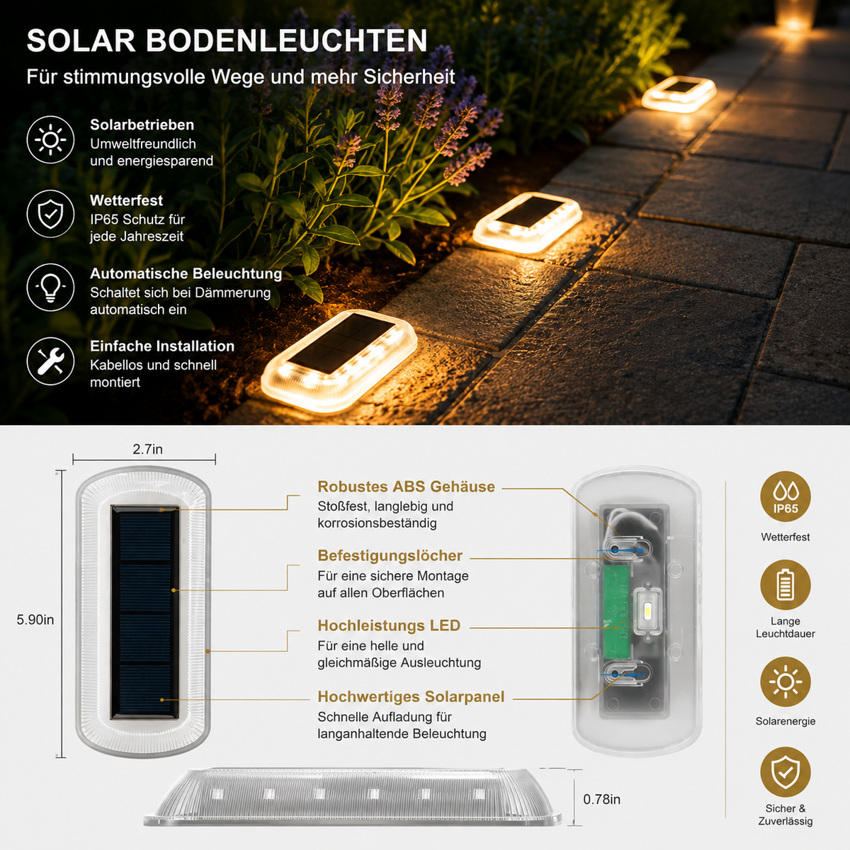 Solar Bodenleuchten mit warmweißem LED-Licht entlang eines Gartenwegs für sichere und stilvolle Außenbeleuchtung.

