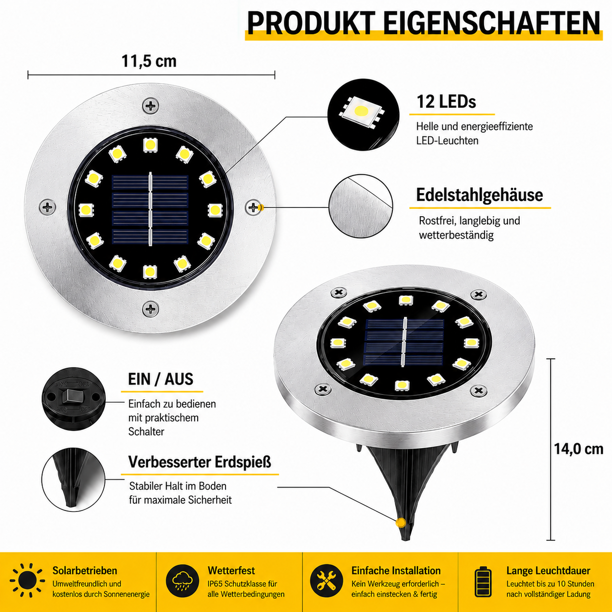 Solar Bodenstrahler aus Edelstahl mit 12 LEDs, IP65 wasserdicht und einfacher Installation mit Erdspieß
