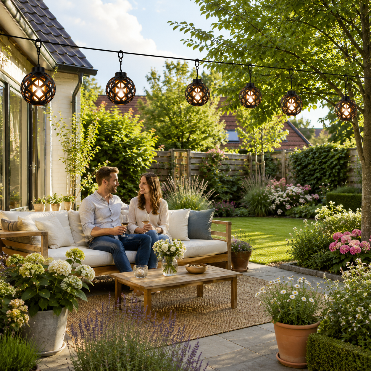 Solar Flammen-Lichterkette als dekorative Gartenbeleuchtung über einer Terrasse mit sitzendem Paar in einem gepflegten Garten.