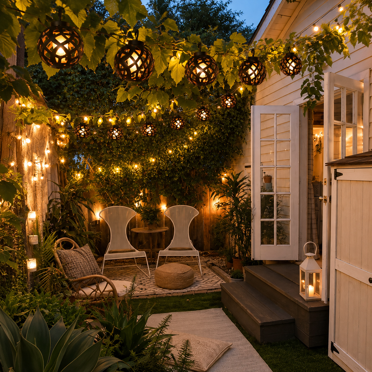 Solar Flammen-Lichterkette sorgt für stimmungsvolle Beleuchtung auf einer gemütlichen Gartenterrasse am Abend.