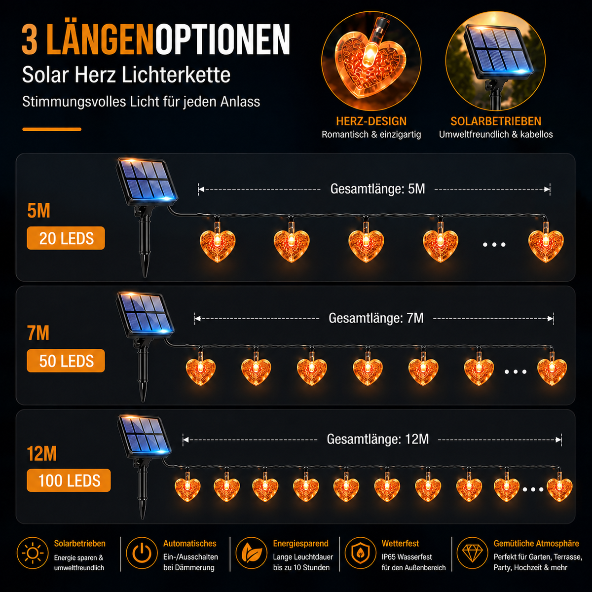 Solar Herz Lichterkette erhältlich in 5 m, 7 m und 12 m mit 20, 50 oder 100 LEDs für Garten und Terrasse
