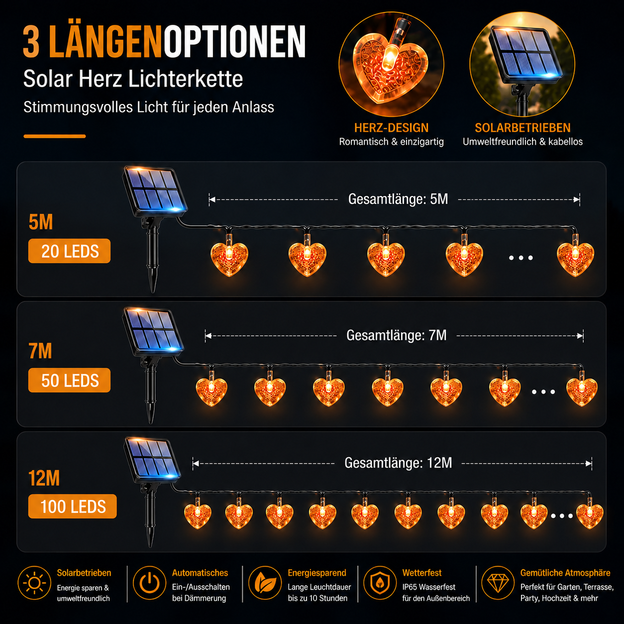 Solar Herz Lichterkette erhältlich in 5 m, 7 m und 12 m mit 20, 50 oder 100 LEDs für Garten und Terrasse
