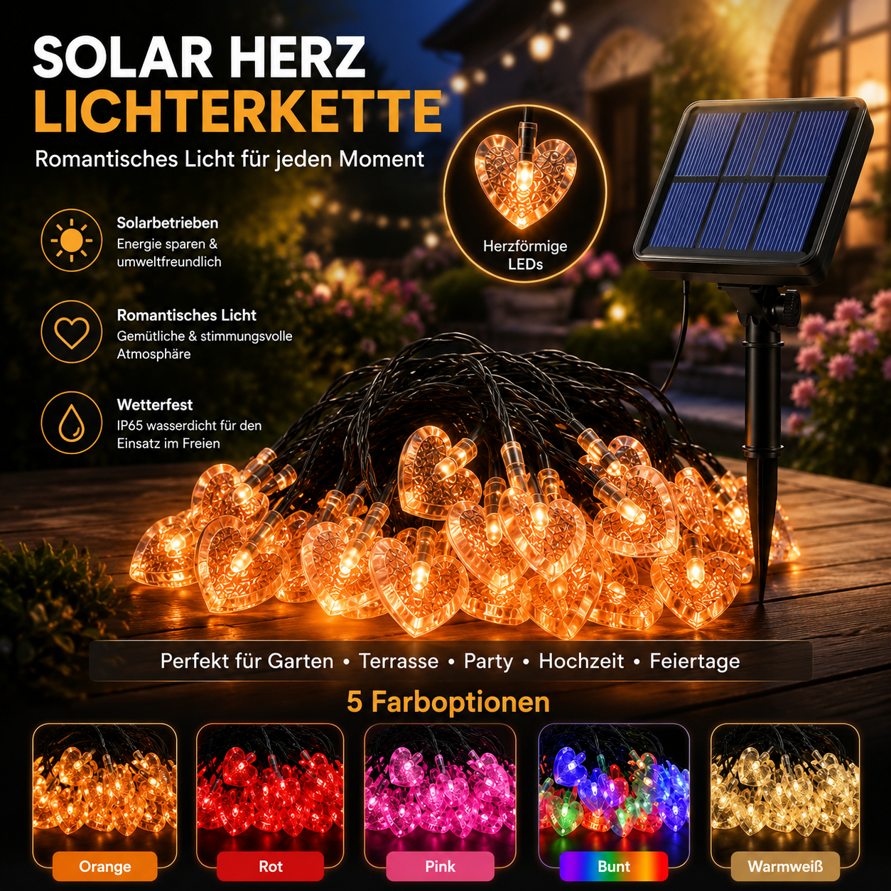 Solar Herz Lichterkette mit 5 Farboptionen, IP65 wasserdicht und romantischer Beleuchtung für Garten und Terrasse
