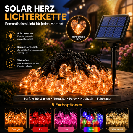 Solar Herz Lichterkette mit 5 Farboptionen, IP65 wasserdicht und romantischer Beleuchtung für Garten und Terrasse
