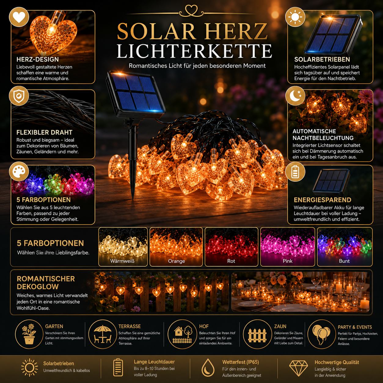 Solar Herz Lichterkette mit Solarpanel, automatischer Nachtbeleuchtung, 5 Farben und IP65 Wetterschutz
