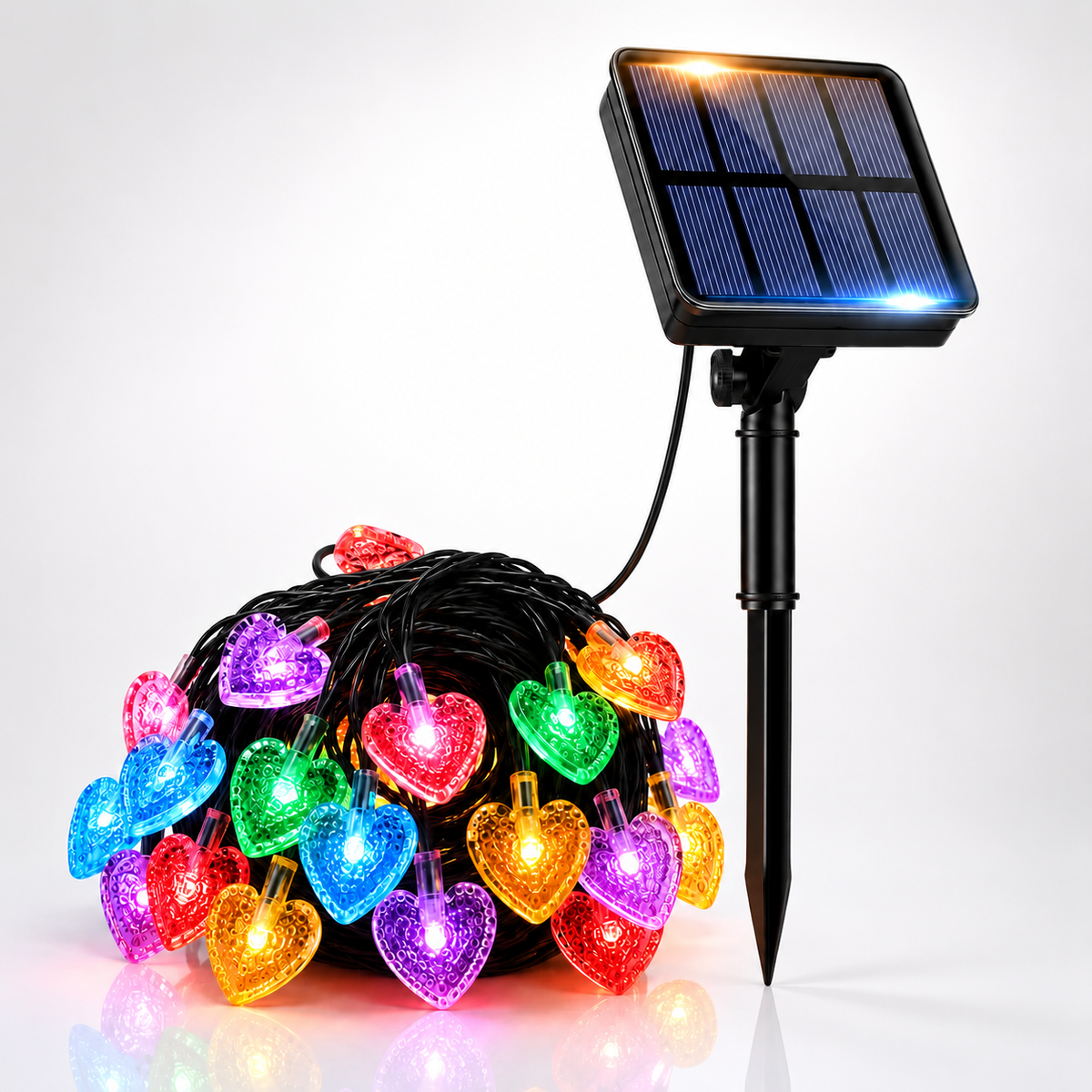 Solar Herz Lichterkette mit bunten LED-Herzen und Solarpanel für stimmungsvolle Garten-, Party- und Außendekoration
