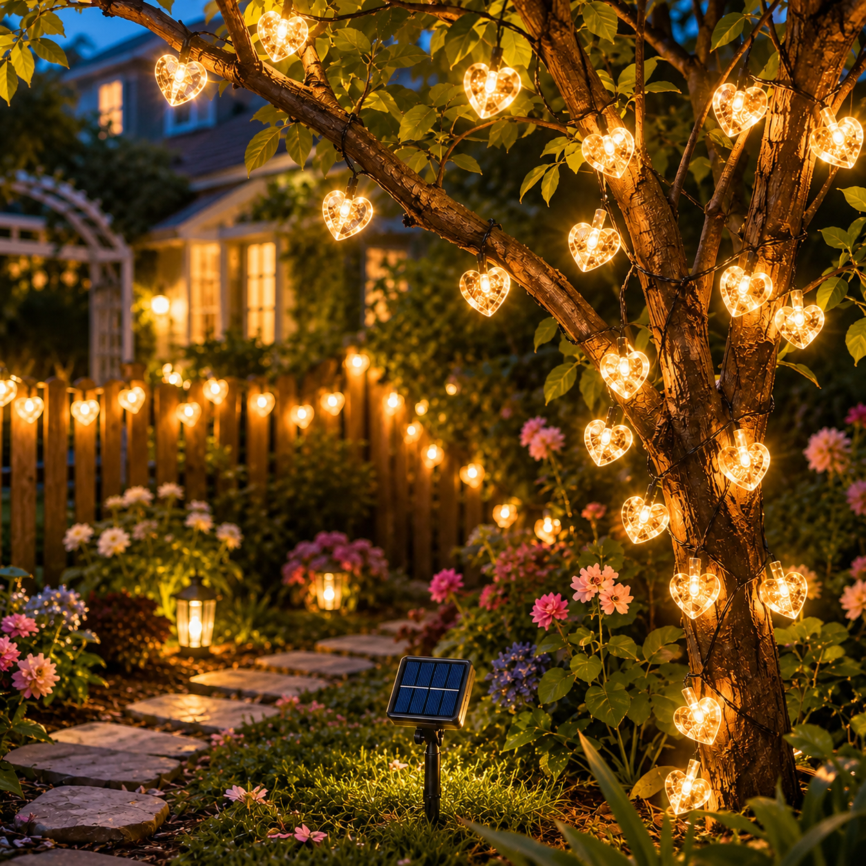 Solar Herz Lichterkette mit herzförmigen LEDs für Zaun, Gartenweg und Baum als stimmungsvolle Gartendekoration

