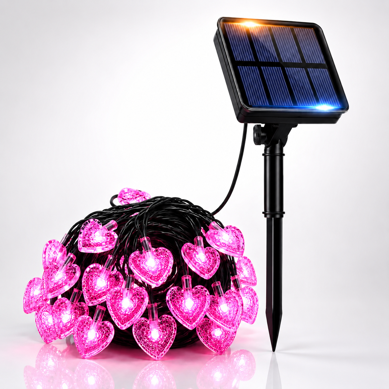 Solar Herz Lichterkette mit pinken LED-Herzen und Solarpanel für romantische Außenbeleuchtung, Garten und Balkon
