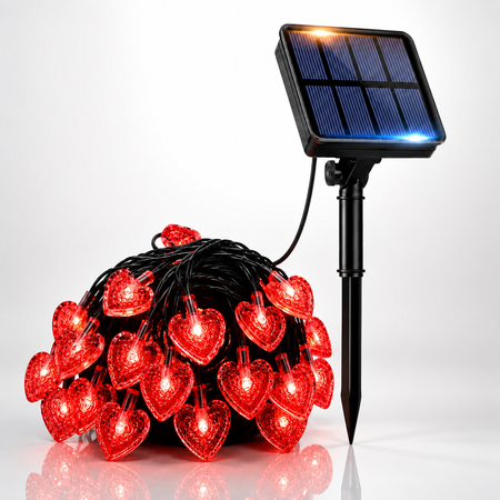 Solar Herz Lichterkette mit roten LED-Herzen und Solarpanel für romantische Garten-, Balkon- und Hochzeitsdekoration
