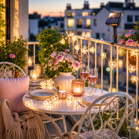 Solar Herz Lichterkette mit warmweißem Licht als romantische Balkon- und Terrassendekoration bei Abenddämmerung
