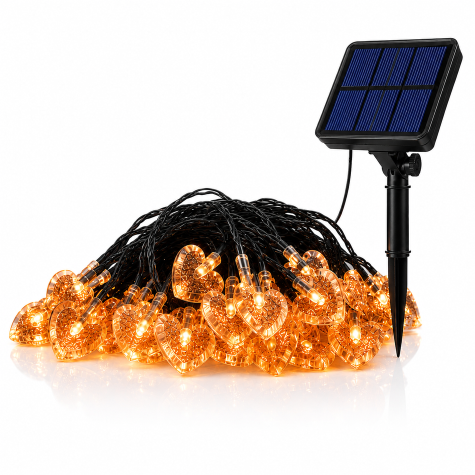 Solar Herz Lichterkette mit warmweißen LED-Herzen und Solarpanel für Garten, Balkon, Terrasse und Hochzeit
