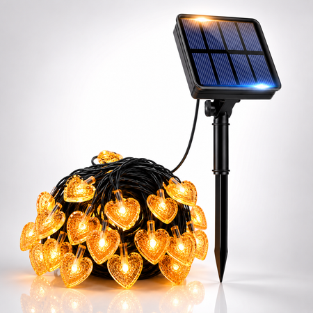 Solar Herz Lichterkette mit warmweißen LED-Herzen und Solarpanel für romantische Garten-, Balkon- und Terrassendekoration
