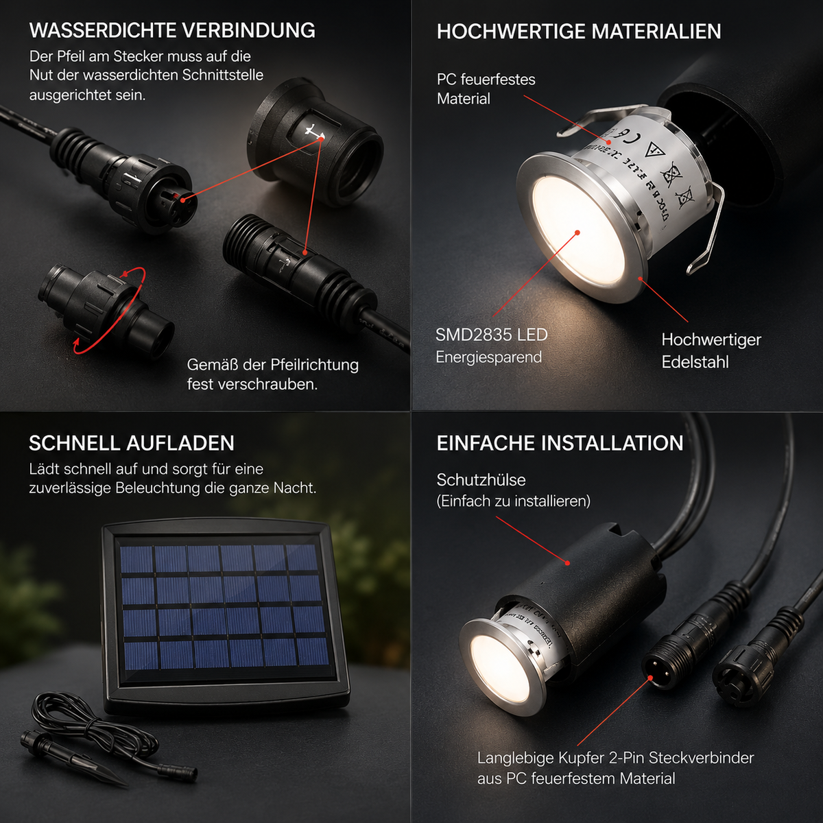 Solar LED-Einbaustrahler mit wasserdichter Steckverbindung, Edelstahlgehäuse, energieeffizienter LED und einfacher Installation.

