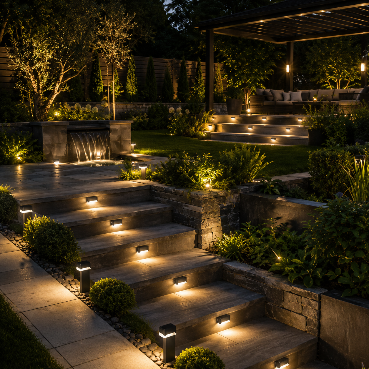 Solar LED-Leuchten beleuchten Gartenstufen und Terrasse mit warmweißem Licht.
