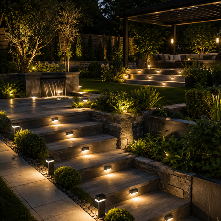 Solar LED-Leuchten beleuchten Gartenstufen und Terrasse mit warmweißem Licht.
