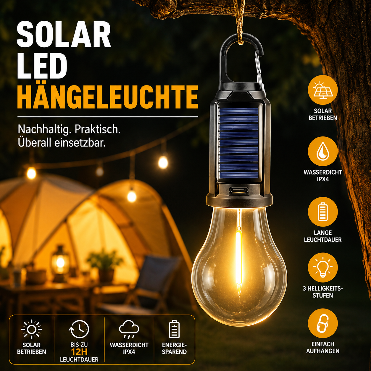 Solar LED Hängelampe beleuchtet ein Campingzelt bei Nacht – wasserdichte Outdoor-Leuchte mit bis zu 12 Stunden Leuchtdauer.