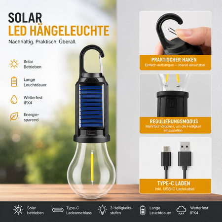 Solar LED Hängelampe mit Karabinerhaken, USB-C Ladeanschluss, drei Helligkeitsstufen und IPX4 Wetterschutz.