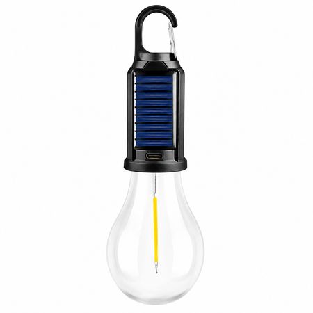 Solar LED Hängelampe mit Solarpanel, Karabinerhaken und warmweißer LED auf weißem Hintergrund – tragbare Outdoor Campinglampe.