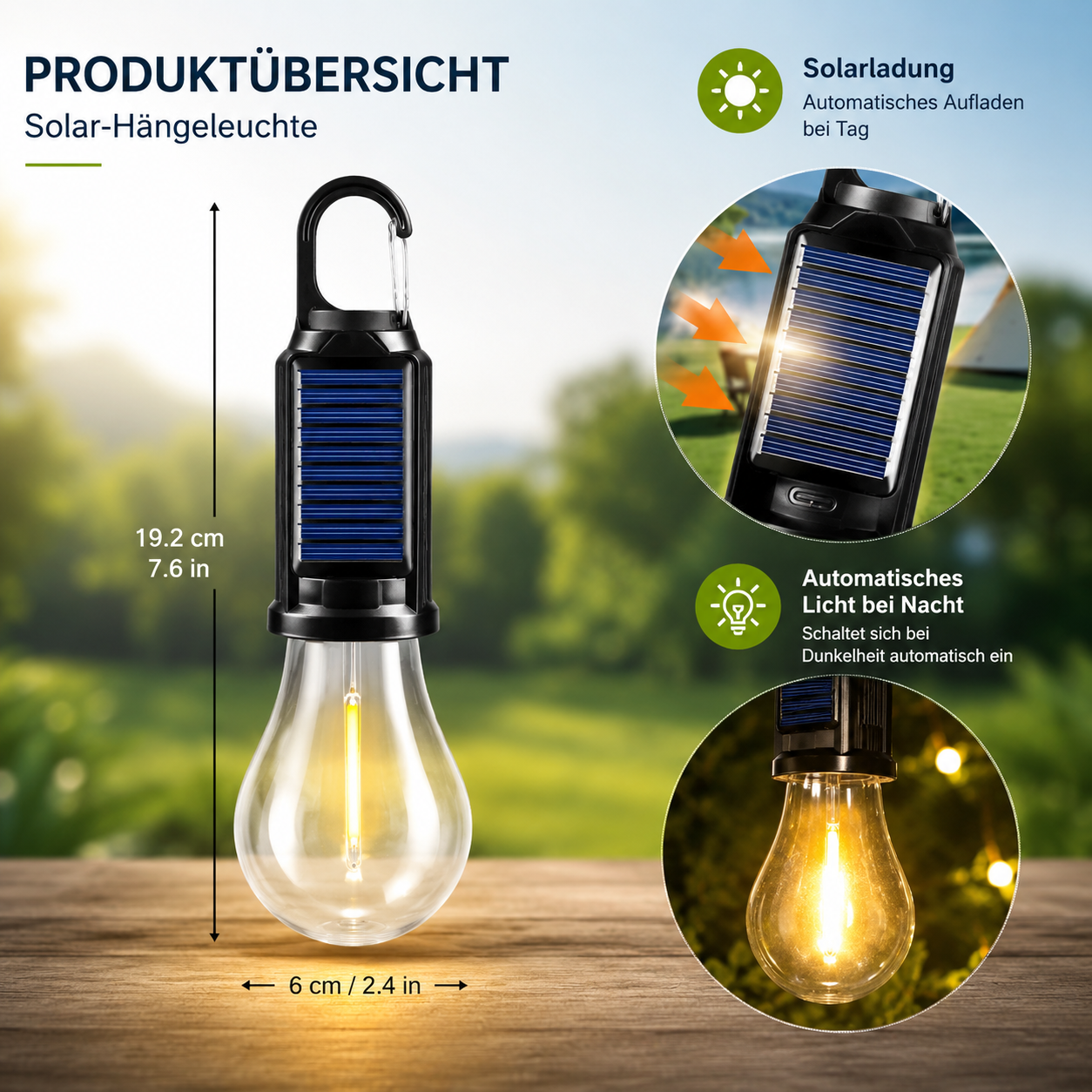 Solar-Hängeleuchte mit Solarpanel und LED-Glühbirne.
Solar LED Hängelampe mit Solarpanel, automatischer Aufladung, automatischem Nachtlicht und kompakten Abmessungen.