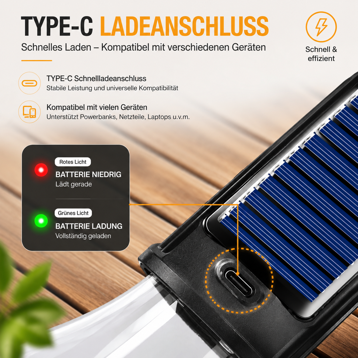 Solar LED Hängelampe mit USB-C Ladeanschluss, Solarpanel und LED-Ladestatusanzeige – schnelles Aufladen, kompatibel mit Powerbanks, Netzteilen und Laptops.
