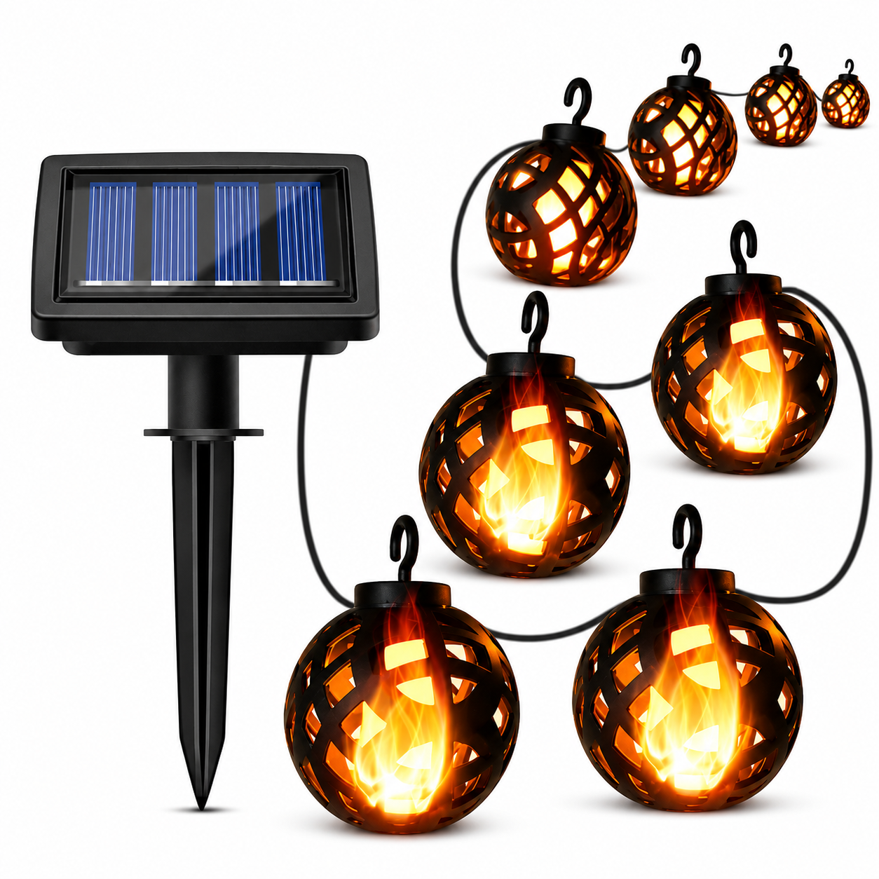 Solar LED Lichterkette mit Flammeneffekt, 10 warmweiße Kugellampen und Solarpanel für den Außenbereich.
