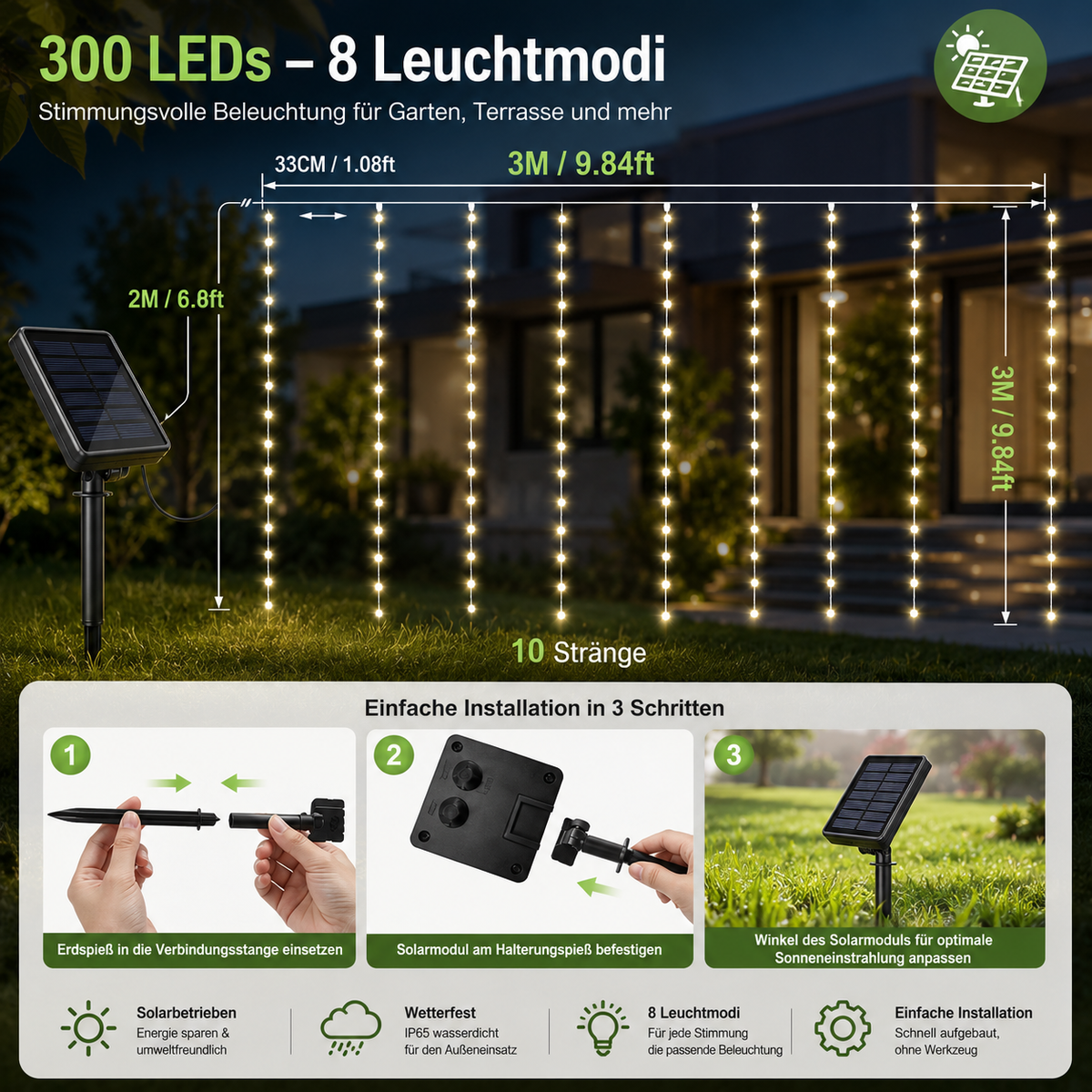 Solar LED Lichtervorhang mit 300 LEDs
