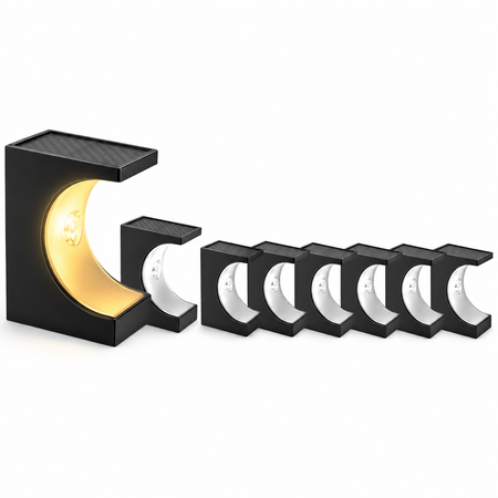 Solar LED Stufenleuchte im modernen Halbmond-Design auf weißem Hintergrund, linke Leuchte mit warmweißem Licht, daneben mehrere unbeleuchtete Exemplare.
