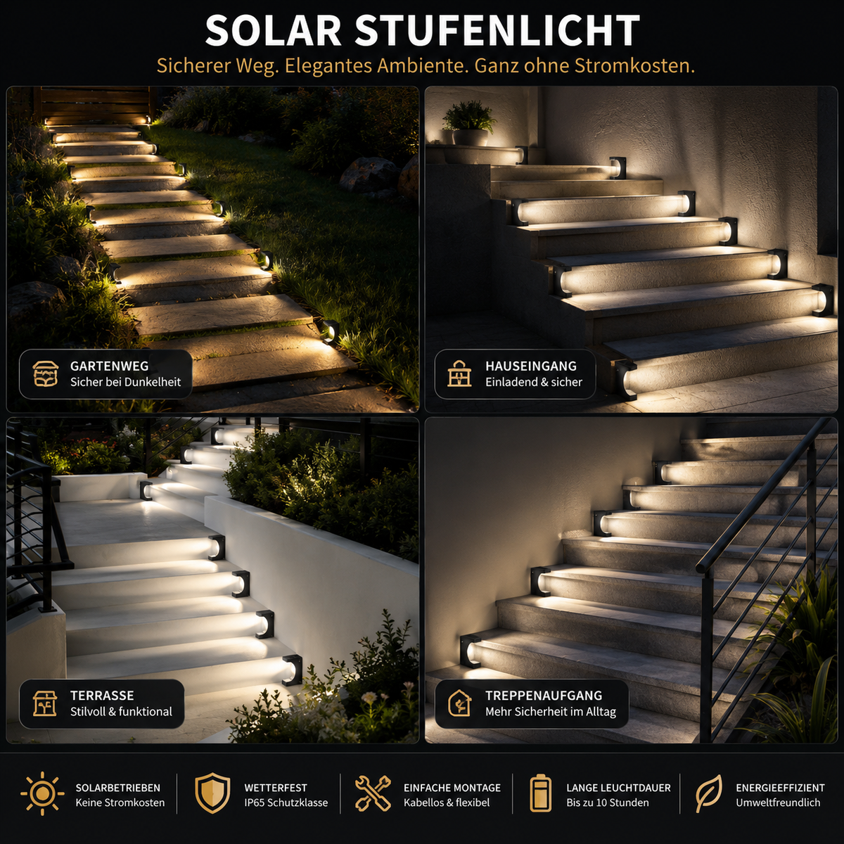 Solar LED Stufenleuchten an Gartenweg, Hauseingang, Terrasse und Treppenaufgang – elegante Beleuchtung für mehr Sicherheit im Außenbereich.
