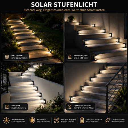 Solar LED Stufenleuchten an Gartenweg, Hauseingang, Terrasse und Treppenaufgang – elegante Beleuchtung für mehr Sicherheit im Außenbereich.
